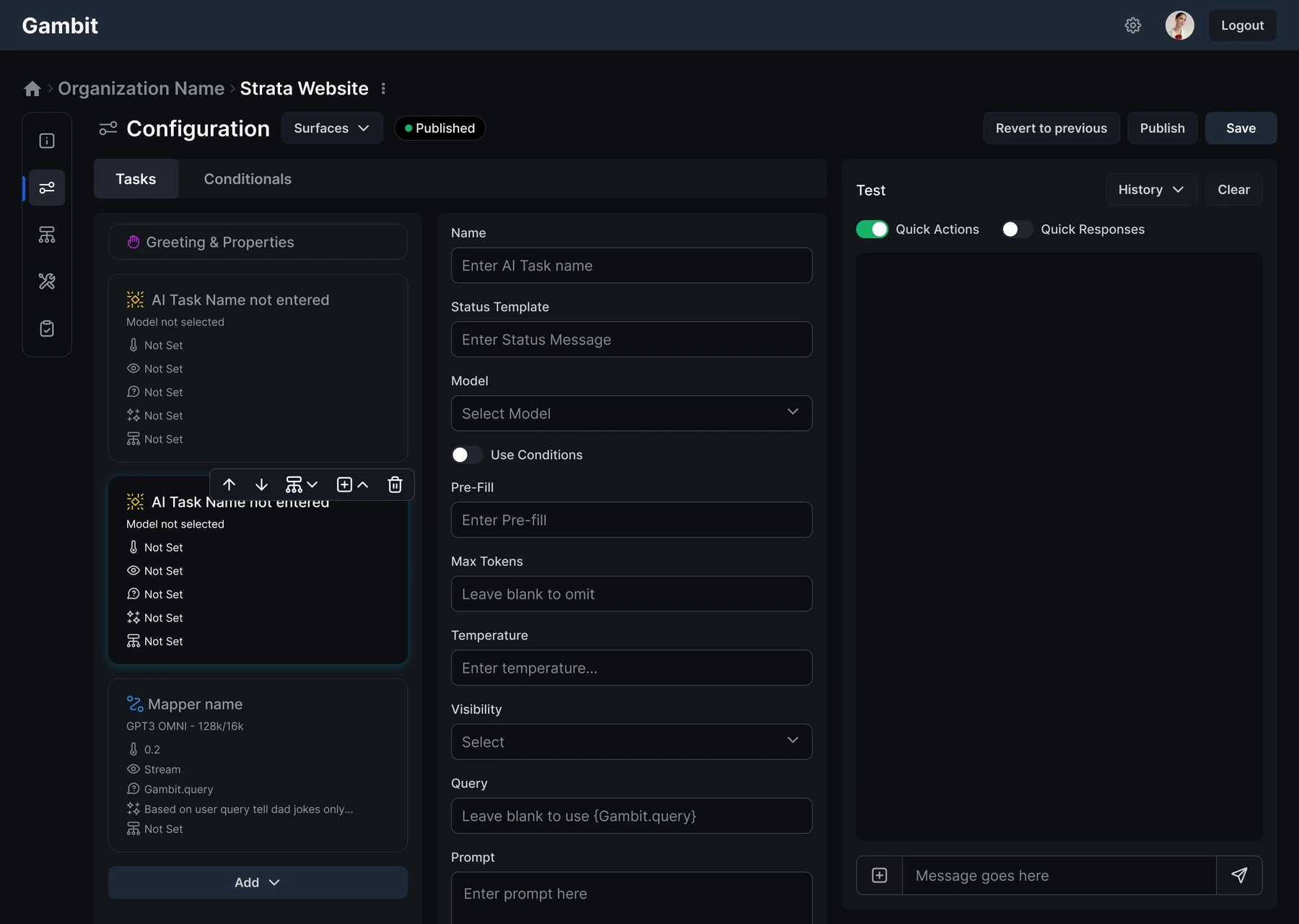 The configuration screen: the task list on the left, the selected task's settings in the middle and a live test chat on the right.