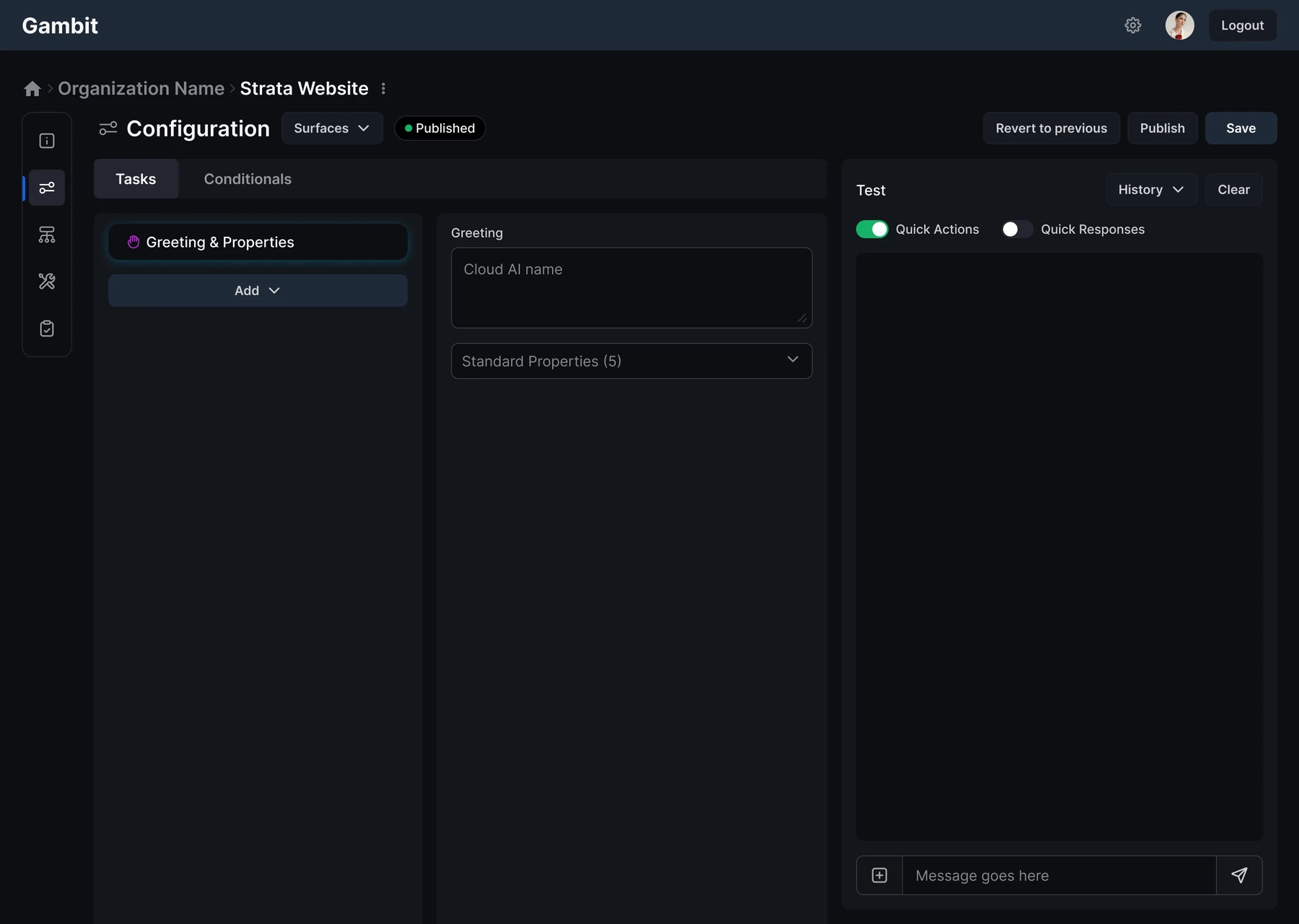 A new configuration at its starting point, with one task and the test panel ready.