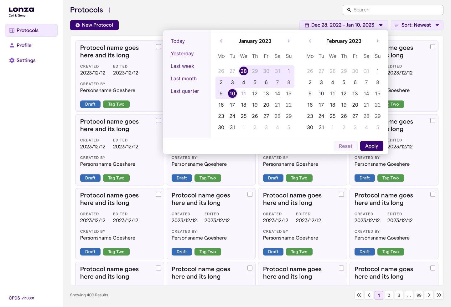 The protocol library, with a date-range filter open.