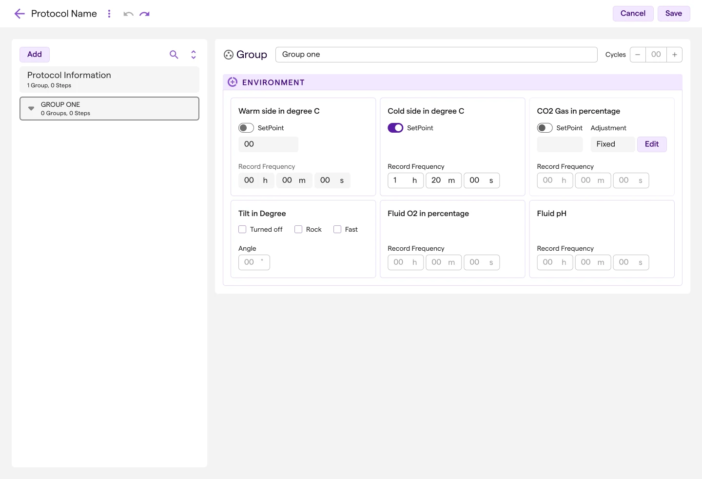 A new protocol with its first group and that group's environment settings.