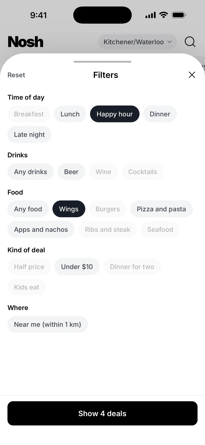 The Filters sheet with three options chosen. The button shows how many deals will come back.