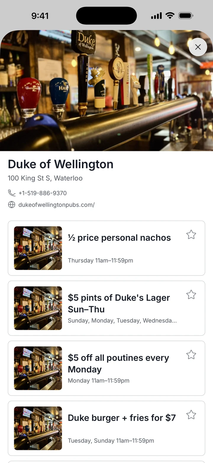 A restaurant page with contact links and its deals.