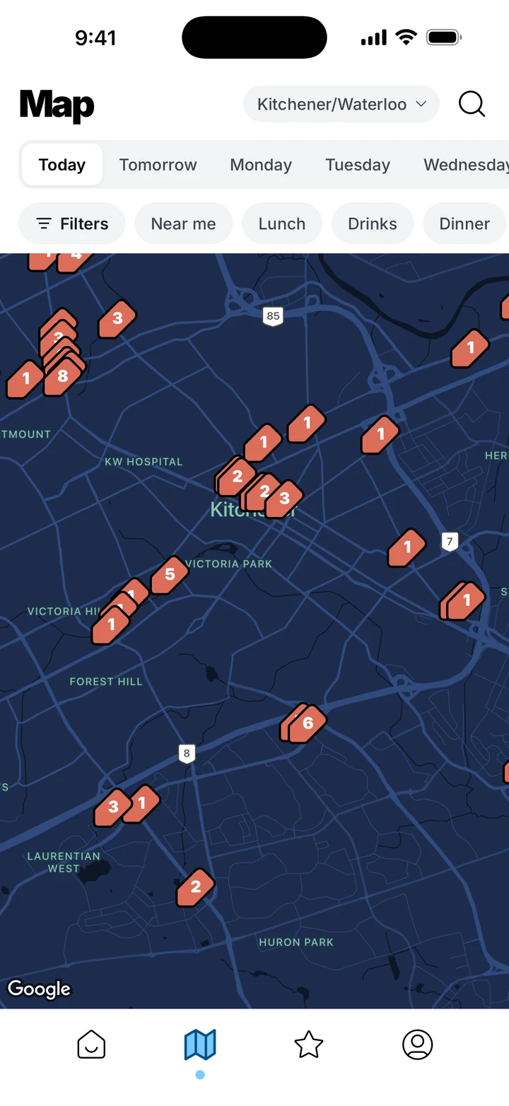 The map of Kitchener-Waterloo with numbered pins.