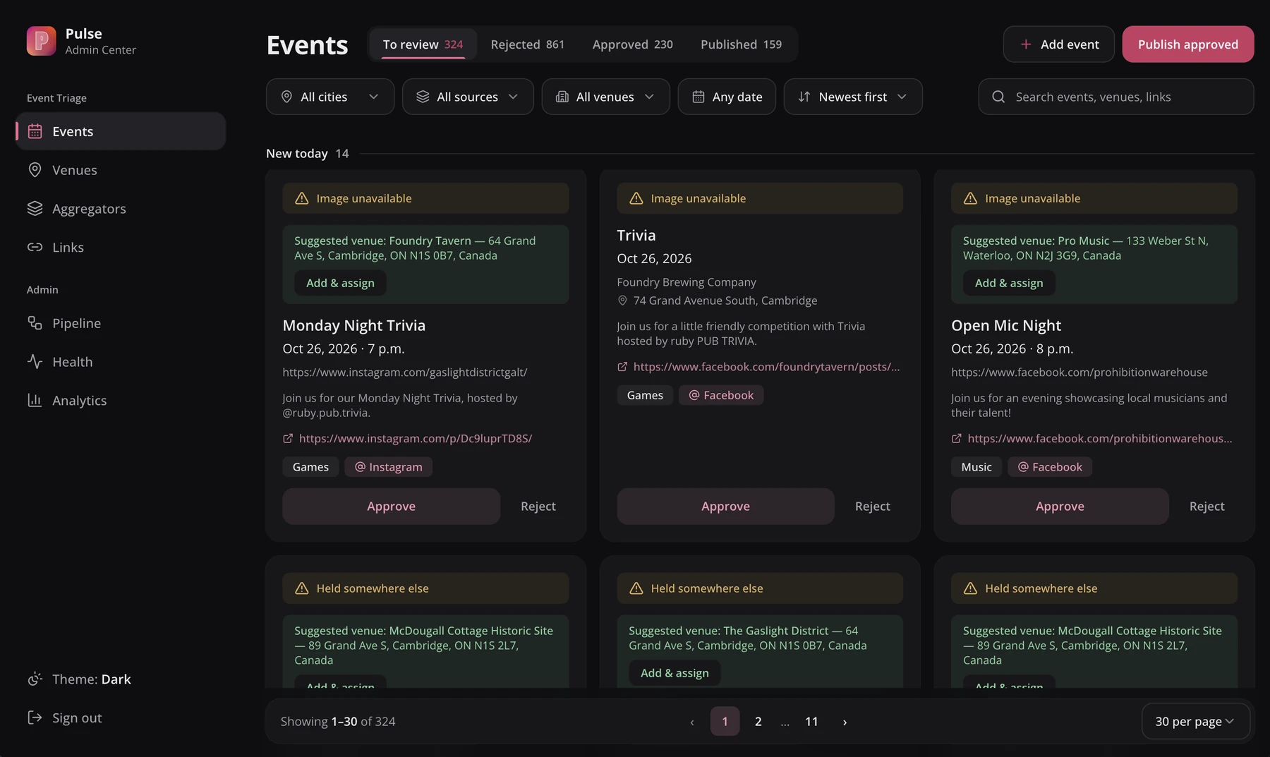 The review queue on staging: one list for every source, grouped under New today. Held events come with a suggested venue and a one-click add and assign.