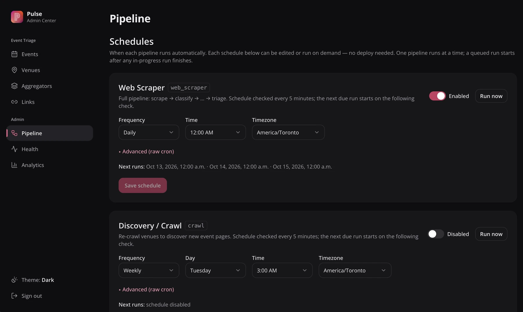 The pipeline page on staging: each schedule with its frequency, time zone and a Run now button.