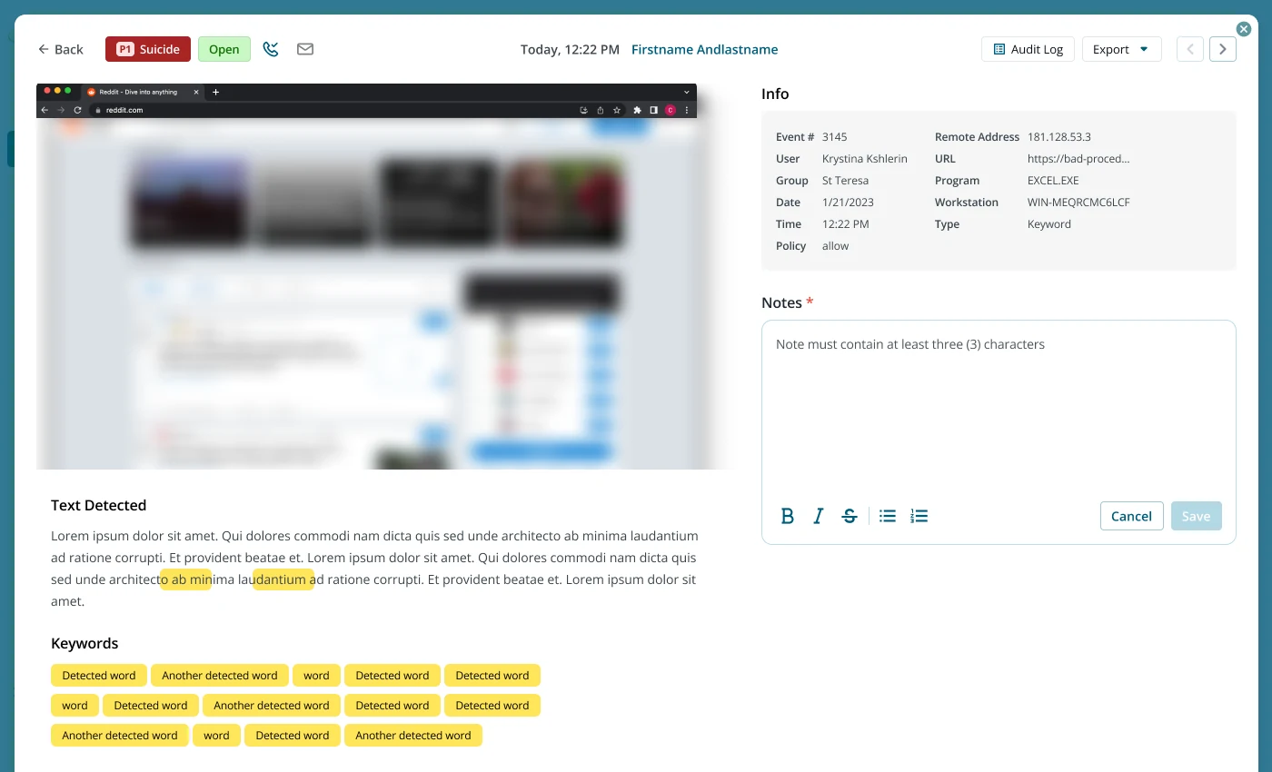 An alert in detail: the captured screen, the text and keywords that triggered it, and the reviewer's notes.