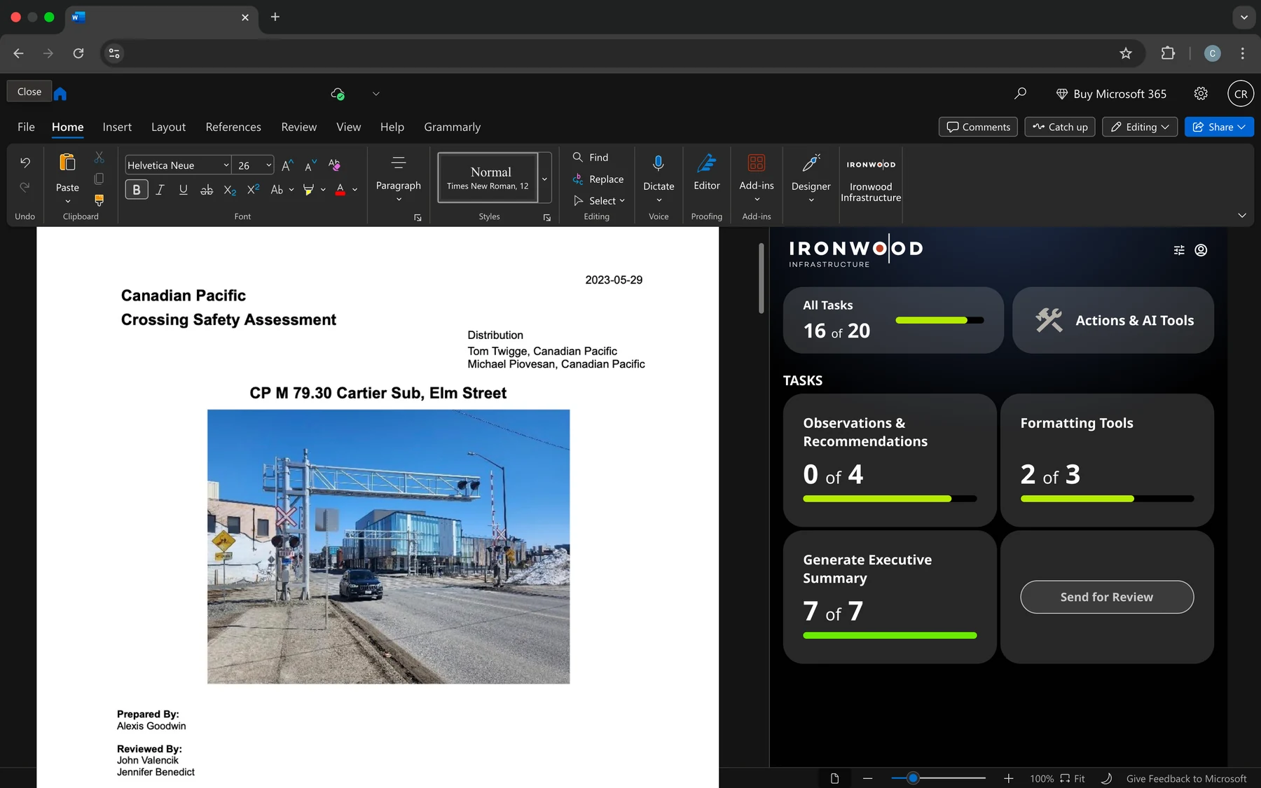 The add-in open beside a crossing safety assessment. The panel tracks every task in the report and how many are done.