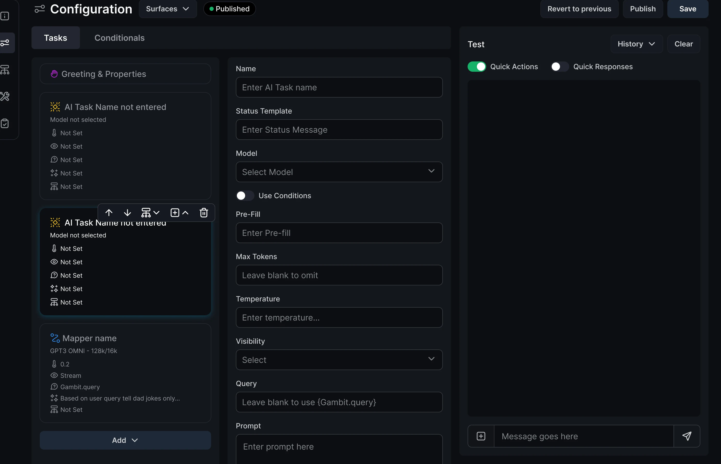 AI pipeline tool configuration screen with the task list and task settings