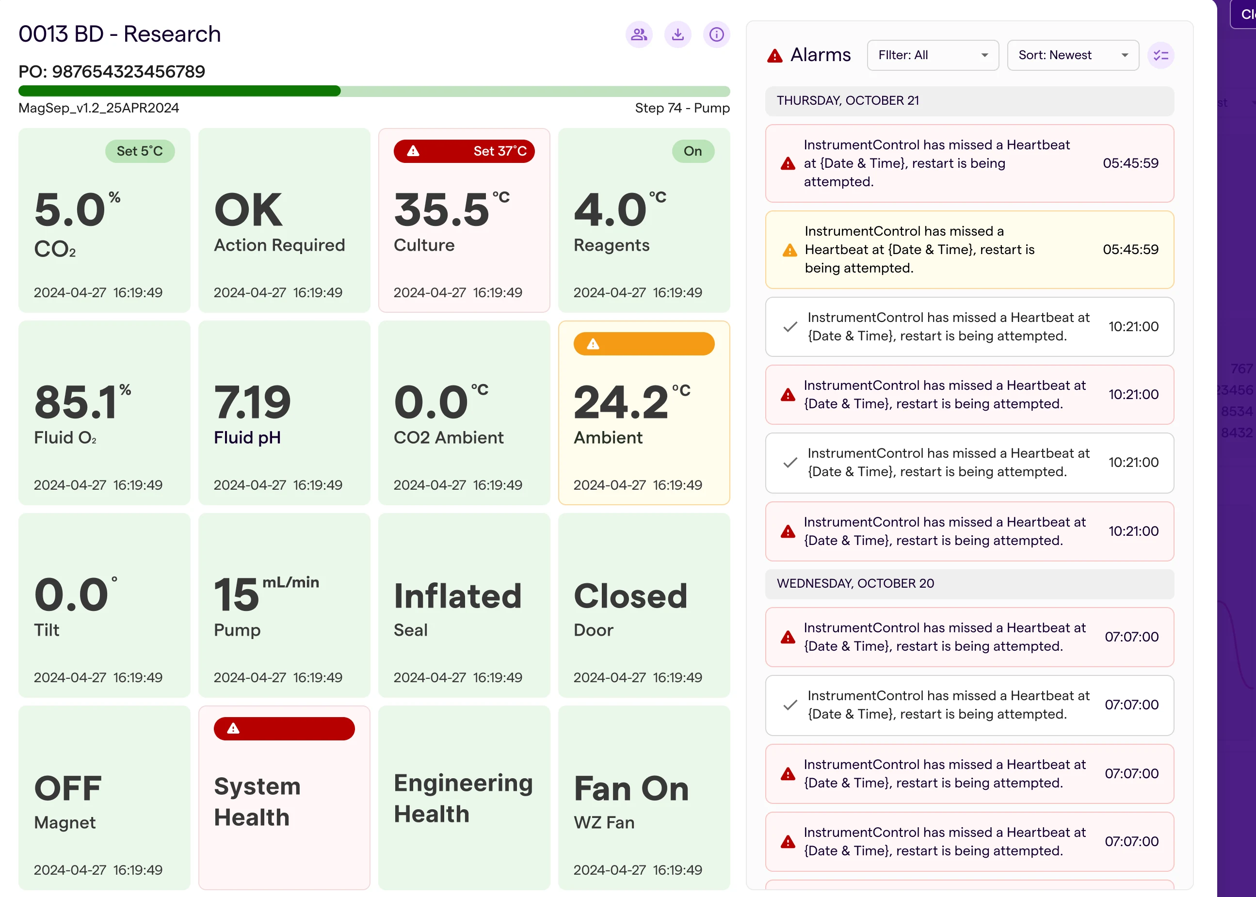 Cloud platform instrument view with live readings and alarms