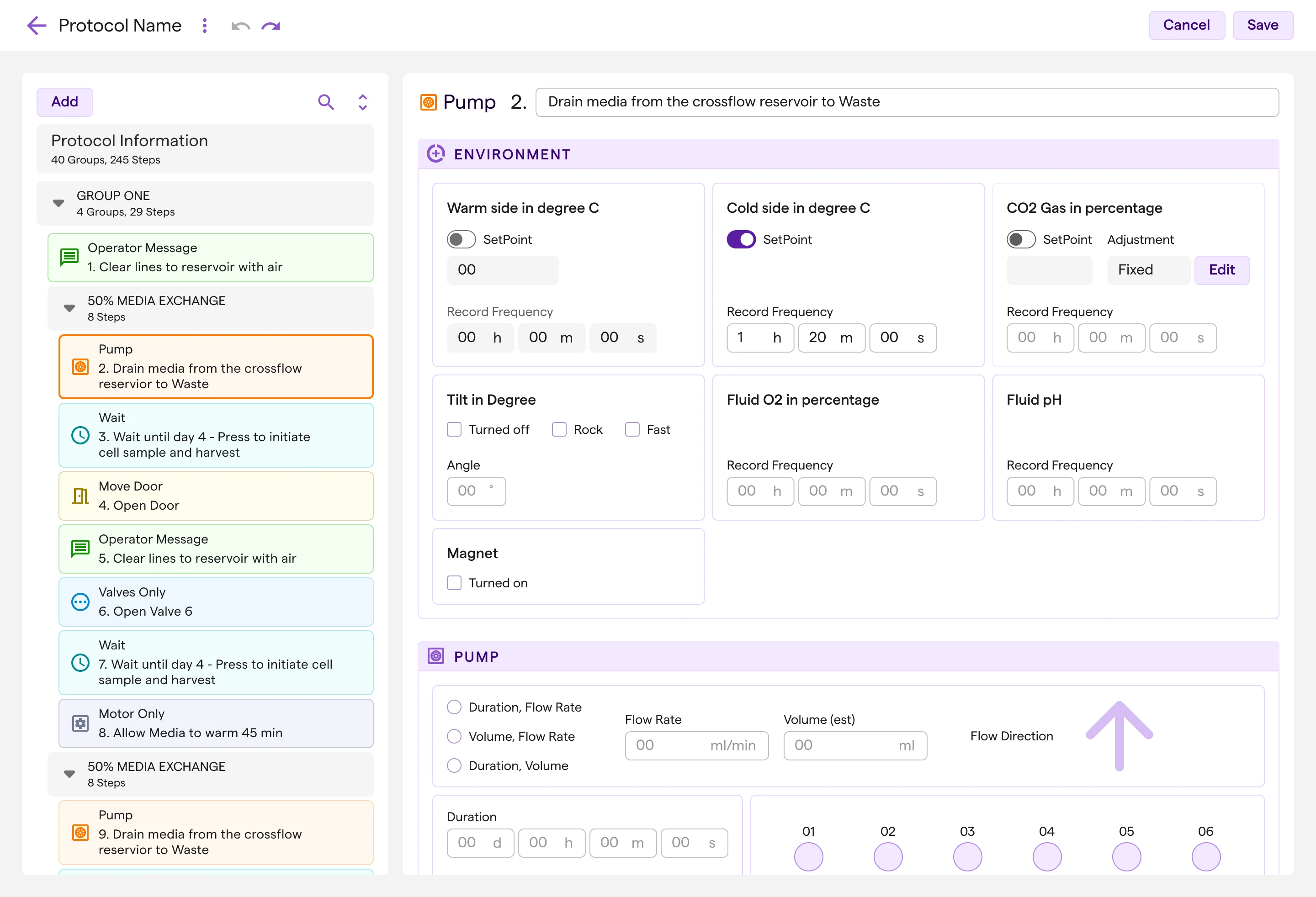 Protocol designer showing the step list and pump settings