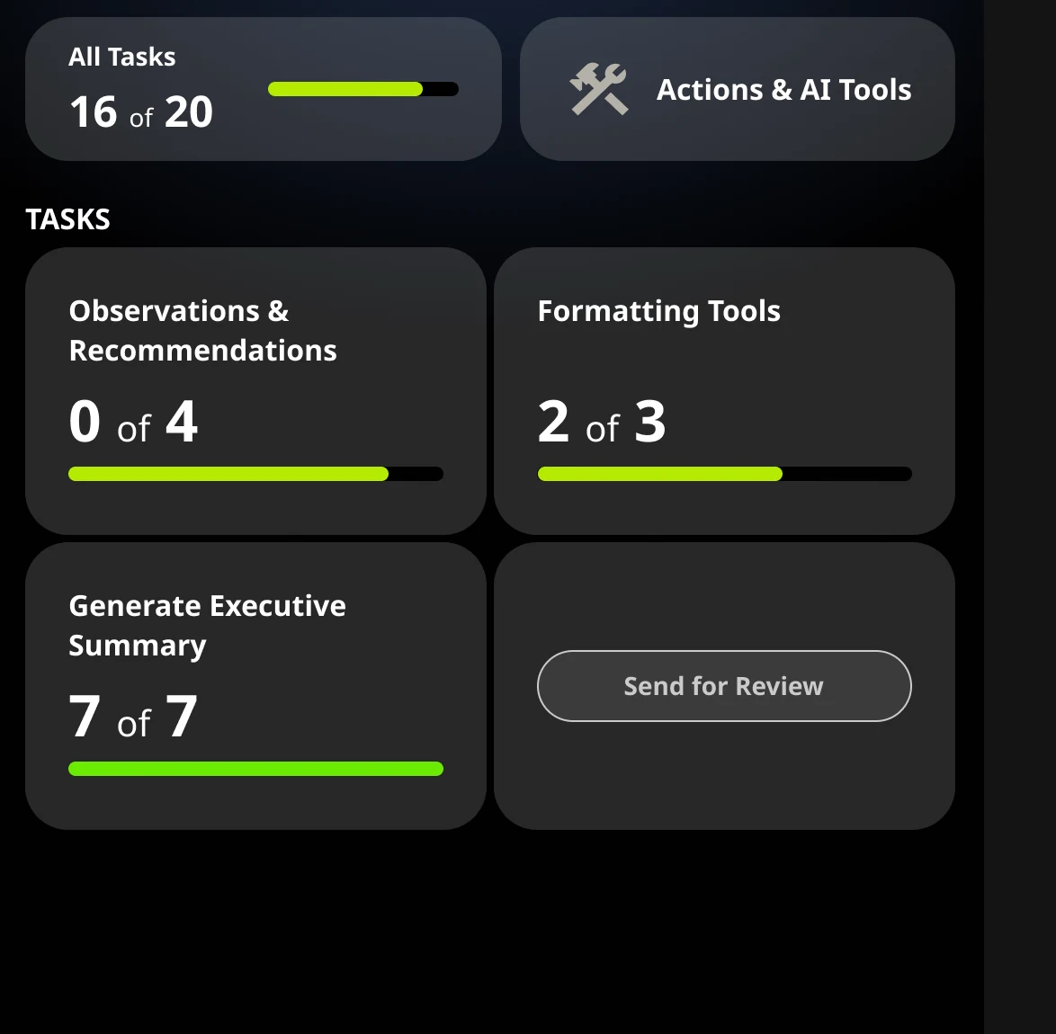 Report builder task panel with progress for each task