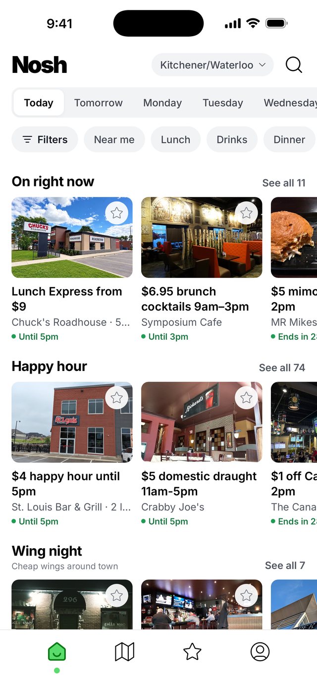 Nosh home screen showing restaurant deals nearby
